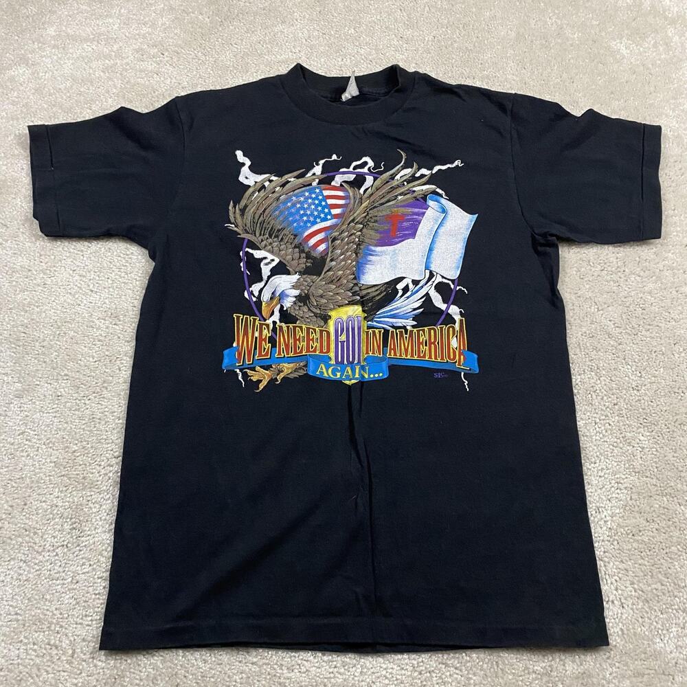 VTG Christian Eagle Flag Shirt Mens M Black Need God In America Lightning Biker